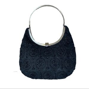 Black Bead & Sequin Purse | Lord and Taylor | Silver Tone Frame | Formal Evening